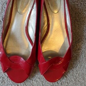 Kellie and Katie red patent leather cork wedges